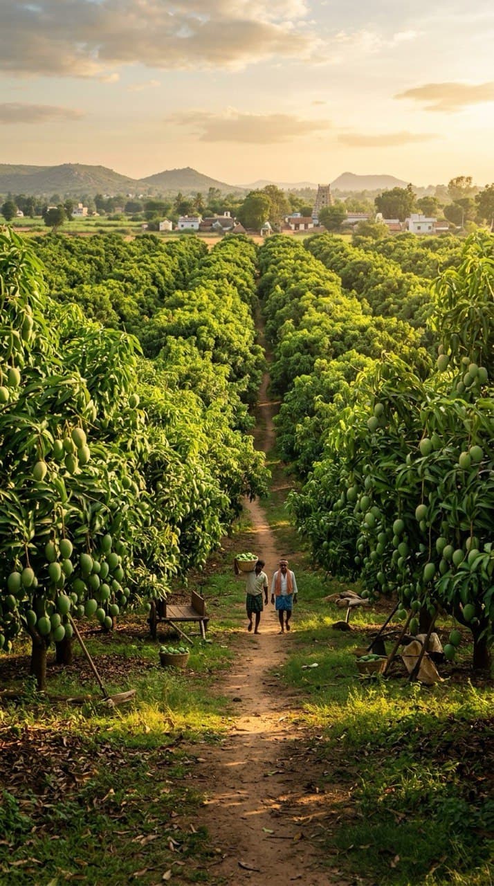 Nuzividu mango orchards at sunset in Andhra Pradesh